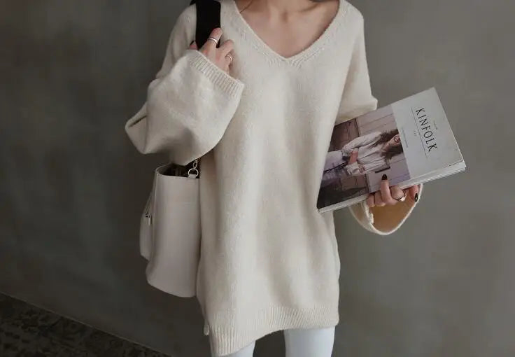 V-Neck KnitSweater – Cozy Loose Pullover