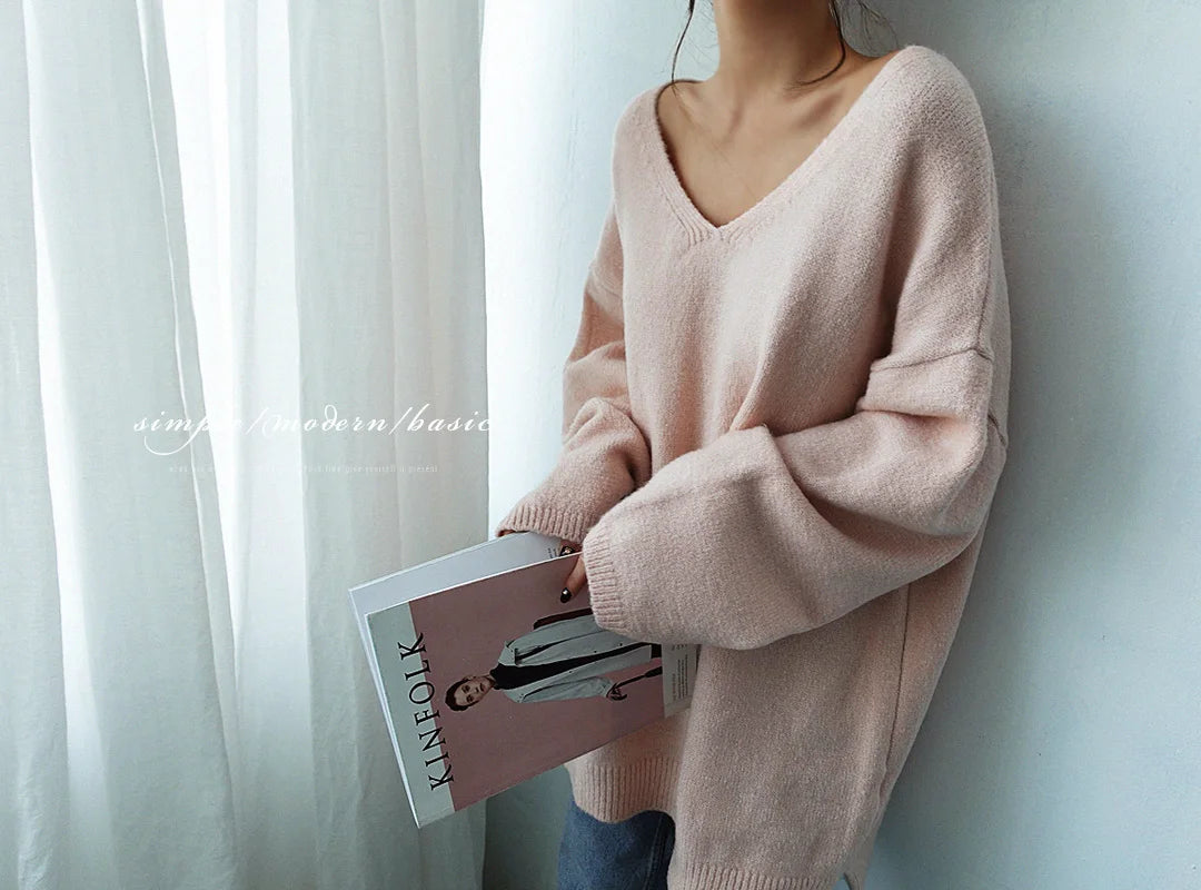 V-Neck KnitSweater – Cozy Loose Pullover