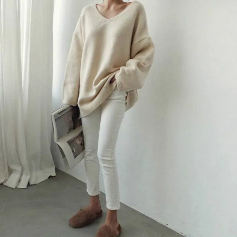 V-Neck KnitSweater – Cozy Loose Pullover