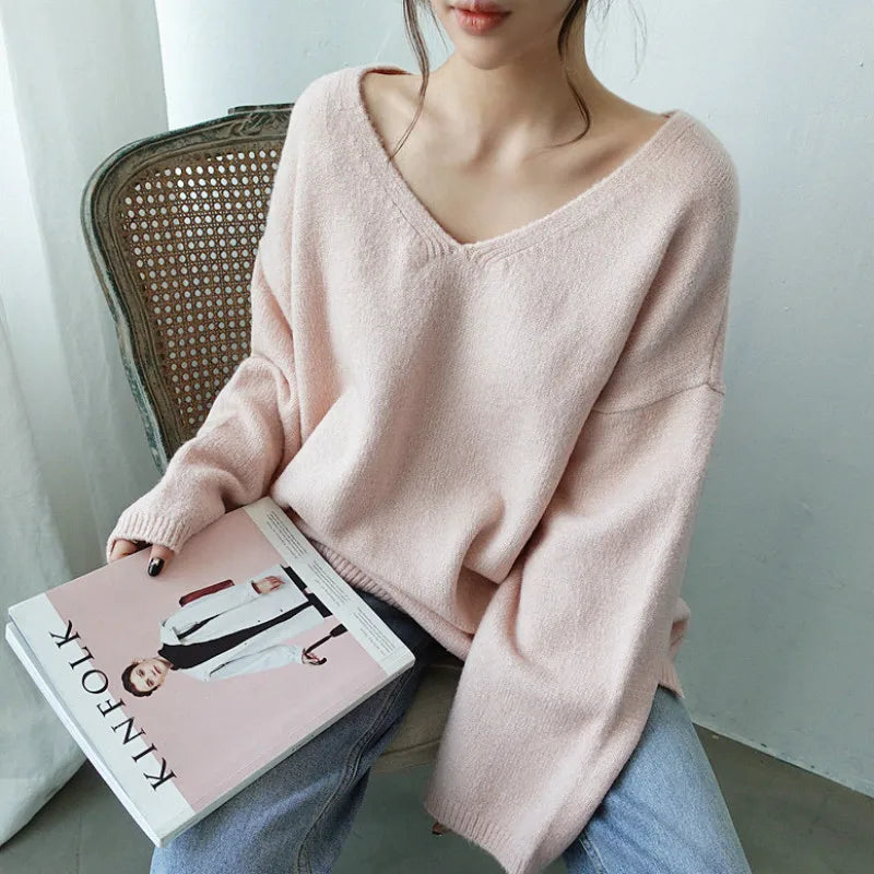 V-Neck KnitSweater – Cozy Loose Pullover