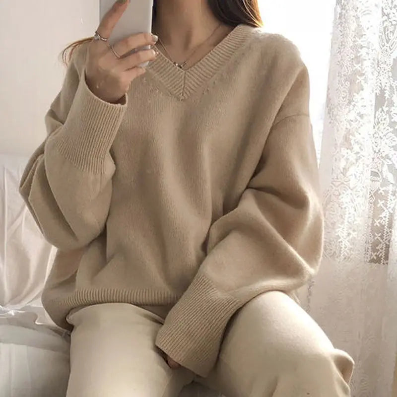 V-Neck KnitSweater – Vintage Loose Pullover