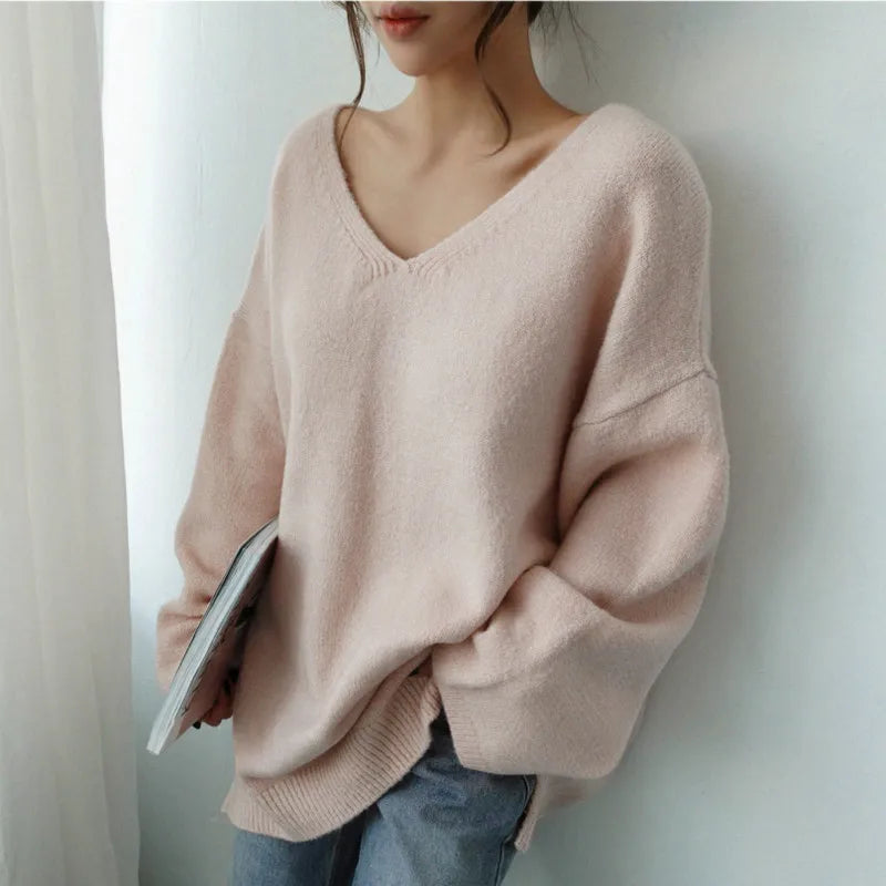 V-Neck KnitSweater – Cozy Loose Pullover